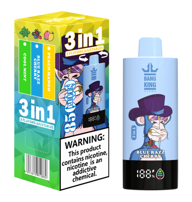Bang King Vapen 3 in 1 disposable vape box and device featuring Blue Razz Cherry flavor, with a cartoon monkey in a purple hat and a nicotine warning label.