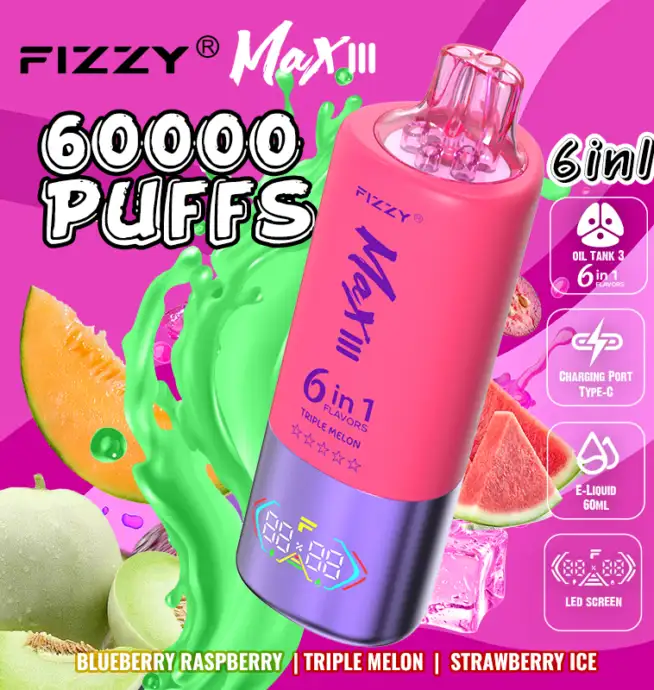 Fizzy Max lll 60k 60000 Puffs 6 in 1 Flavors Newest Original Rechargeable  LED Display Disposable Vape - 24H VAPE