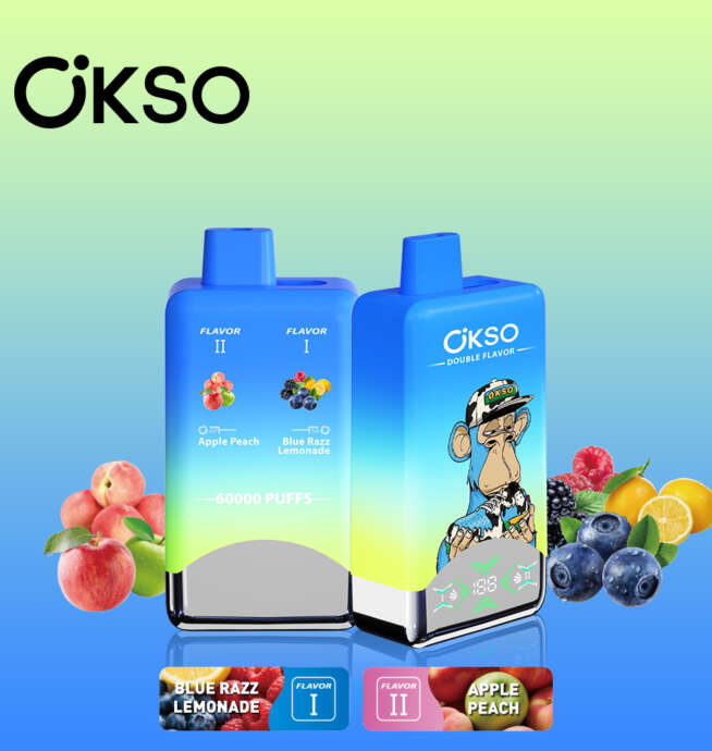 Two OKSO double flavor vape devices in blue with gradient colors, featuring Blue Razz Lemonade and Apple Peach flavors, fruit illustrations, and a cartoon ape mascot, with real fruits shown around the products and a 60,000-puff label.