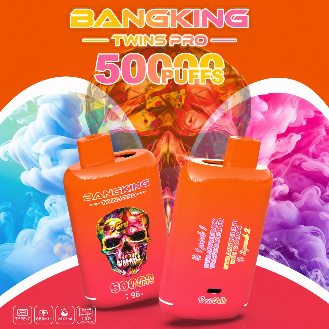 2 nicotine vape disposable Bang King Twins 50000 50K Puffs 2% 3% 5% Double Taste LED Display London Fog Tea Drink Miami Smoke Shop Style:Wine Red