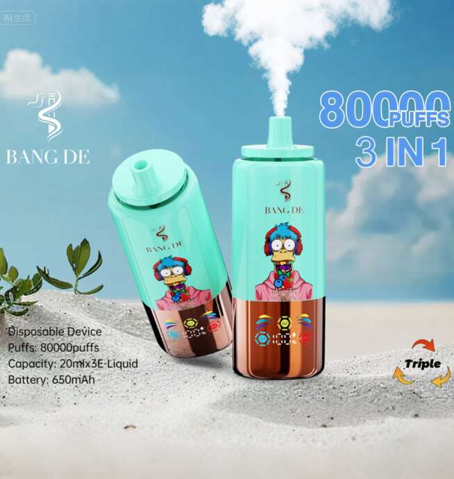 Zwei farbenfrohe Einweg-Vape-Geräte von BANDE mit einer Zeichentrickfigur auf Sand vor einem klaren Himmel im Hintergrund, eines davon gibt Dampf ab, und Produktdetails, die 80.000 Züge, 3-in-1-Aromen und einen 650-mAh-Akku hervorheben.