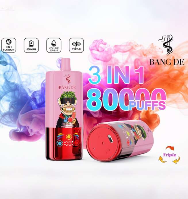 Farbenfrohes Werbebild eines BANG DE-Vape-Geräts mit einer Zeichentrickfigur, 3-in-1-Aromen, 80.000 Zügen, 650-mAh-Akku, 20 ml Fassungsvermögen und Typ-C-Ladefunktion mit wirbelndem farbigem Rauch im Hintergrund.