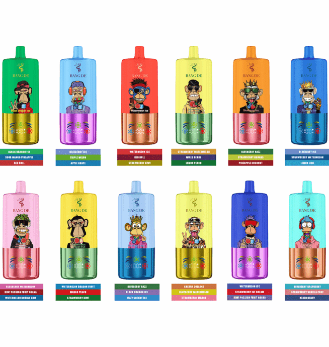 Zwölf farbenfrohe Bang De-Vape-Geräte mit illustrierten Tierfiguren, jedes Gerät mit unterschiedlichen Frucht- und Getränkearomen beschriftet, in zwei Reihen vor einem weißen Hintergrund angeordnet.