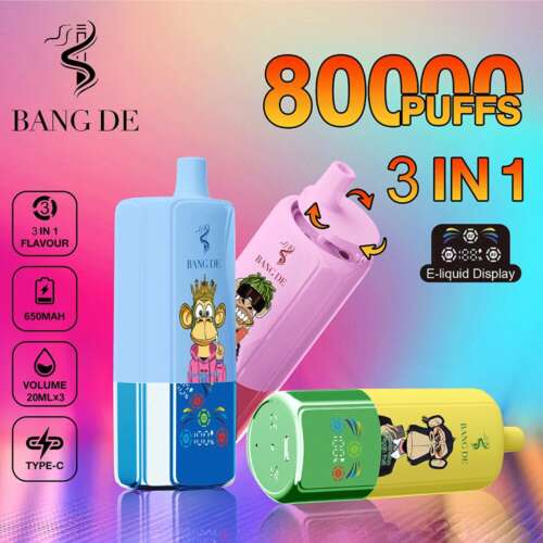 Tres coloridos dispositivos de vapeo desechables Bang De con ilustraciones de dibujos animados de simios sobre un fondo degradado, con texto que resalta 80,000 bocanadas, sabor 3 en 1, batería de 650 mAh, 20 ml de e-líquido por sabor, carga tipo C y una función de visualización de e-líquido.