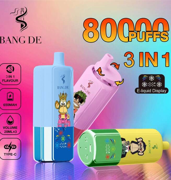 Three colorful Bang De disposable vape devices with cartoon ape illustrations on a gradient background, featuring text highlighting 80,000 puffs, 3-in-1 flavor, 650mAh battery, 20ml e-liquid per flavor, Type-C charging, and an e-liquid display feature.
