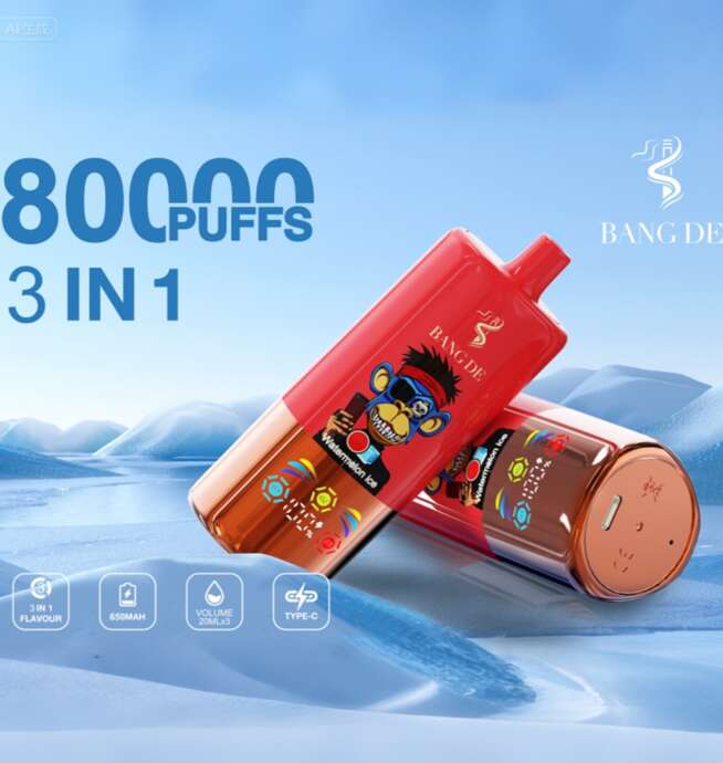 Zwei farbenfrohe Einweg-Vaporizer mit einem Cartoon-Affen-Design und der Aufschrift „BANG DE Watermelon Ice“, hervorgehoben vor einer blauen Schneelandschaft mit einem Text, der 80.000 Züge, 3-in-1-Aromen, einen 650-mAh-Akku, 20 ml Volumen und Typ-C-Laden anpreist.