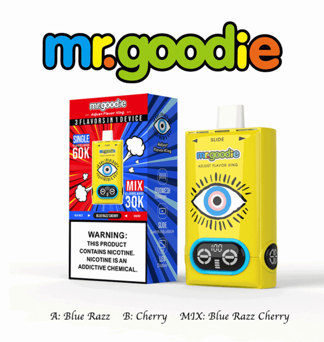 Appareil de vapotage et emballage Mr. Goodie comprenant une boîte jaune avec un graphique en forme d'œil bleu, montrant trois saveurs dans un seul appareil : Blue Razz, Cherry et un mélange de Blue Razz Cherry, avec une étiquette d'avertissement sur la nicotine.