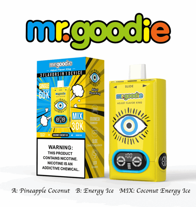 Emballage coloré et appareil de vapotage jaune pour M. Goodie avec un graphisme en forme d'œil bleu, étiqueté comme offrant trois saveurs - Ananas Noix de Coco, Energy Ice et Coconut Energy Ice - affichés avec un avertissement sur la nicotine et les caractéristiques du produit.