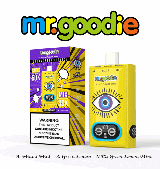 Appareil de vapotage jetable jaune Mr. Goodie avec un œil bleu illustré et un panneau de commande, présenté à côté de son emballage coloré présentant des options de saveur et une étiquette d'avertissement de nicotine.