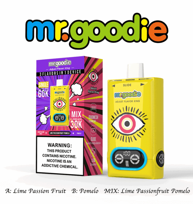 Appareil de vapotage réglable et emballage Mr. Goodie, comprenant un appareil jaune vif avec un design graphique en forme d'œil et des boutons de commande, ainsi qu'une boîte colorée affichant des informations sur le produit et une étiquette d'avertissement sur la nicotine.