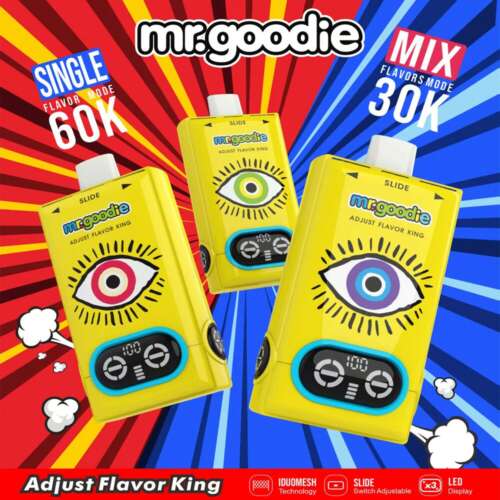 Trois appareils de vapotage Mr.goodie jaunes avec des motifs d'yeux colorés, des affichages numériques et des commandes, positionnés sur un fond graphique avec des rayons rouges et bleus audacieux et du texte faisant la promotion du mode saveur unique (60K) et du mode saveurs mixtes (30K).