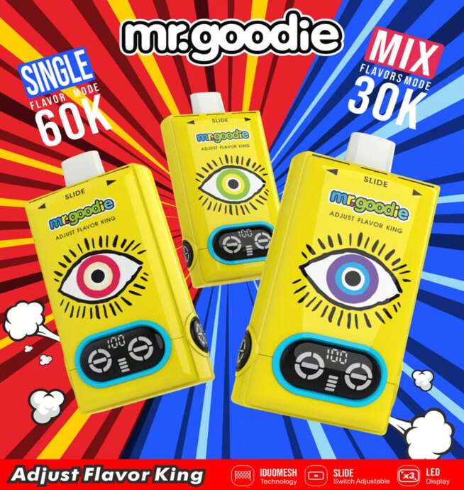 Three yellow mr.goodie vape devices with colorful eye designs, digital displays, and controls, positioned on a graphic background with bold red and blue rays and text promoting single flavor mode (60K) and mix flavors mode (30K).