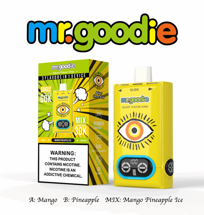 Appareil de vapotage aromatisé et emballage Mr. Goodie, présentant un design jaune vif avec un graphique d'œil stylisé, étiqueté comme contenant des saveurs de mangue, d'ananas et de glace à la mangue et à l'ananas, ainsi qu'un avertissement sur la nicotine.