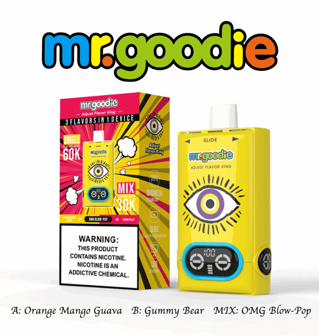 Appareil de vapotage et emballage de marque Mr. Goodie comprenant une boîte jaune avec un œil illustré, étiqueté avec les saveurs Orange Mango Guava, Gummy Bear et OMG Blow-Pop ; un avertissement concernant la nicotine est affiché sur le devant.