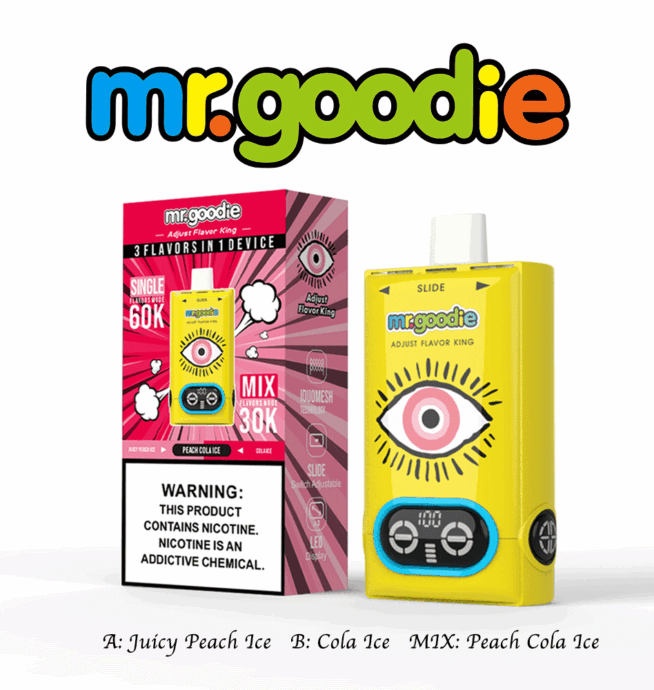 Appareil de vapotage et emballage Mr. Goodie présentant un design jaune audacieux avec un œil illustré, des commandes numériques et des options de saveurs, notamment Juicy Peach Ice, Cola Ice et Peach Cola Ice, avec une étiquette d'avertissement concernant la nicotine.