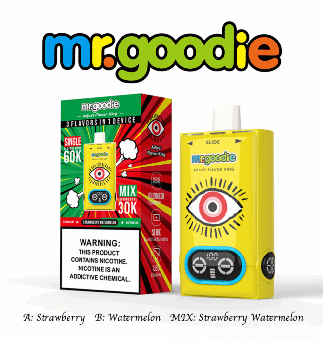 Emballage et appareil de vapotage Mr. Goodie, comprenant une boîte jaune avec un œil illustré et un affichage numérique, faisant la promotion de saveurs réglables, notamment la fraise, la pastèque et un mélange des deux, avec une étiquette d'avertissement sur la nicotine.