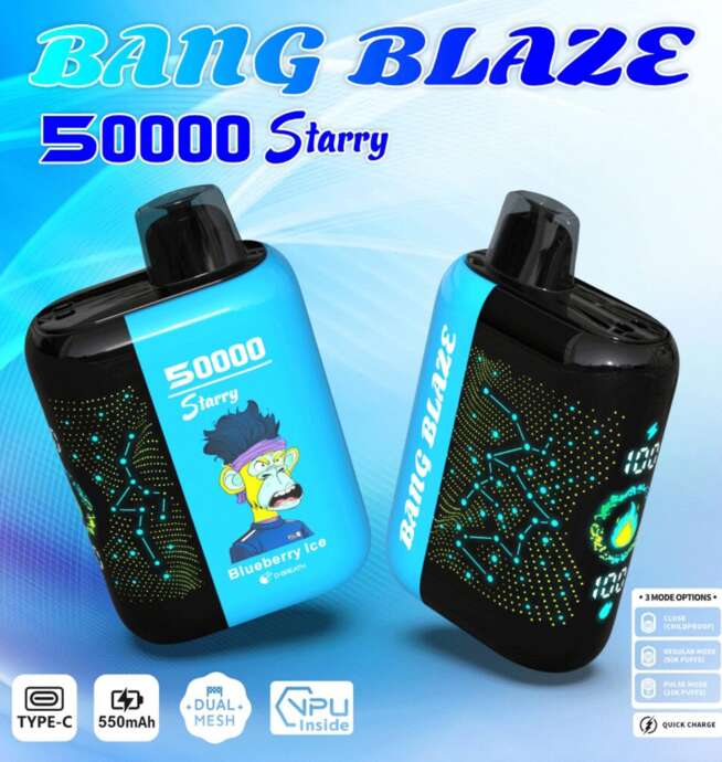 Two blue and black Bang Blaze electronic vape devices with digital constellation designs, product branding, and a cartoon monkey illustration labeled as Blueberry Ice flavor, featuring 550mAh battery, dual mesh, and type-C charging.
