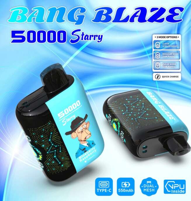 Promotional image of Bang Blaze 50000 Starry disposable vape device featuring a cartoon monkey in a hat, blue and black design with constellation graphics, and icons describing features like quick charge, USB Type-C, 550mAh battery, dual mesh, and multiple usage modes.