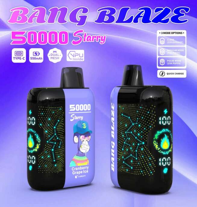 Promotional image for Bang Blaze 50000 Starry disposable vape in Cranberry Grape Ice flavor, featuring two vape devices with LED displays, constellation graphics, and bright colorful background highlighting key features like 550mAh battery, Type-C charging, and three mode options.