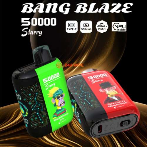 Zwei farbenfrohe Bang Blaze Starry 50000 Einweg-Vape-Geräte mit Cartoon-Affen-Illustrationen, beschriftet mit den Geschmacksrichtungen „Watermelon Ice“ und „Erdbeer-Wassermelone“, präsentiert auf einem wirbelnden gold-schwarzen Hintergrund mit den Produktspezifikationen darüber.