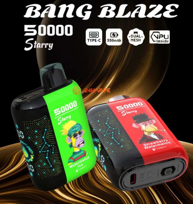 Two colorful Bang Blaze Starry 50000 disposable vape devices featuring cartoon ape illustrations, labeled with Watermelon Ice and Strawberry Watermelon flavors, displayed on a swirling gold and black background with product specifications above.