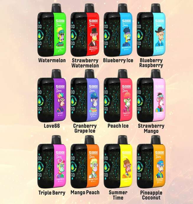 Twelve colorful vape devices with various cartoon characters, each labeled with a different flavor such as Watermelon, Strawberry Watermelon, Blueberry Ice, Blueberry Raspberry, Love66, Cranberry Grape Ice, Peach Ice, Strawberry Mango, Triple Berry, Mango Peach, Summer Time, and Pineapple Coconut, arranged in three rows on a light background.