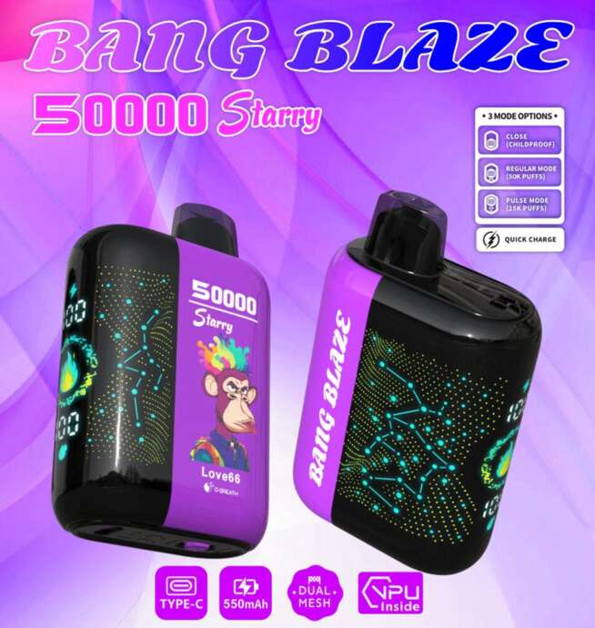 Promotional image of the Bang Blaze 50000 Starry vape device, featuring two colorful devices with digital constellation designs and a cartoon monkey, alongside icons highlighting its features such as 550mAh battery, USB Type-C, dual mesh, and three mode options.
