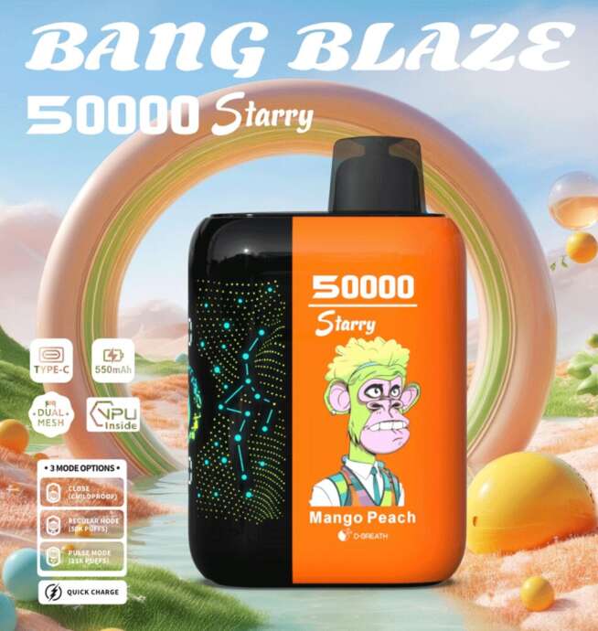 Bang Blaze vape device with '50000 Starry' branding, featuring a digital illustration of a cartoon monkey, labeled 'Mango Peach' flavor, shown against a surreal, colorful landscape with floating spheres and a rainbow-like arch.