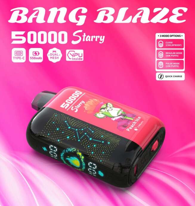 Promotional image for a Bang Blaze 50000 Starry disposable vape with a black and pink device featuring a cartoon monkey, constellation graphics, and labels listing features such as 550mAh battery, dual mesh, Type-C charging, three mode options, and peach ice flavor.