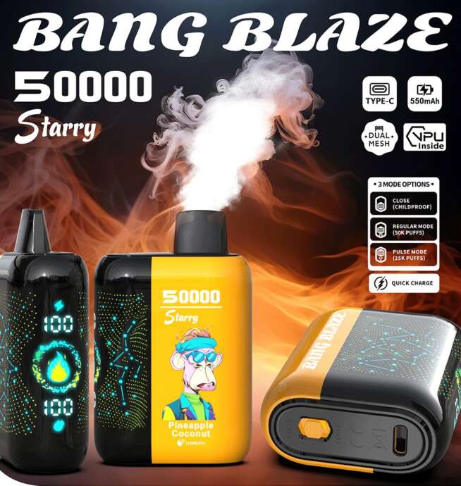 Promotional image of a Bang Blaze Starry 50000 disposable vape in Pineapple Coconut flavor, featuring digital display, three device modes, and bright packaging with a cartoon animal illustration.