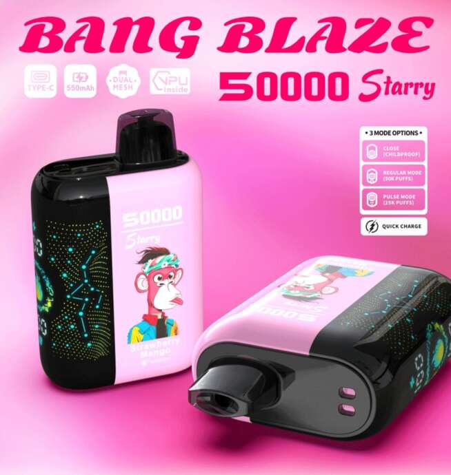Two colorful Bang Blaze 50000 Starry disposable vapes with cartoon monkey illustrations and digital designs, highlighting features like 550mAh battery, type-C charging, and three mode options against a pink gradient background.