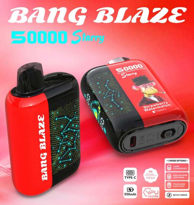 Colorful promotional image of the Bang Blaze 50000 Starry disposable vape device in strawberry watermelon flavor, featuring a cartoon monkey in a hat, and highlighting features like 550mAh battery, Type-C charging, dual mesh technology, and three mode options.