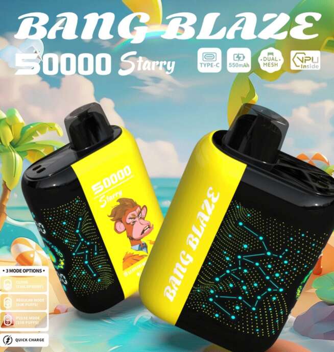 Two Bang Blaze Starry disposable vape devices with a colorful summer-themed background, yellow accents, a cartoon ape illustration, and feature highlights such as 50000 puffs, Type-C charging, 550mAh, and dual-mesh technology.