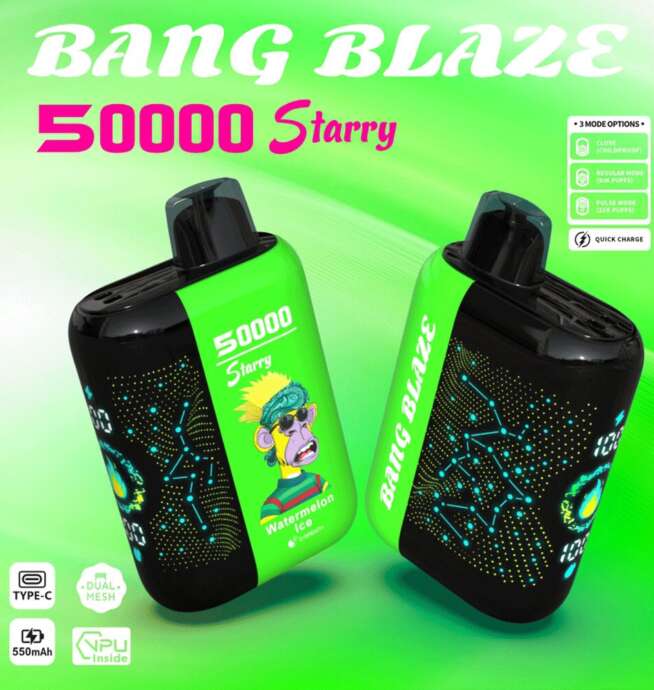 Two Bang Blaze Starry 50000 disposable vape devices with neon green and black casings, digital constellation designs, and a cartoon ape illustration on the Watermelon Ice flavor label, set against a vibrant green background with product features highlighted.