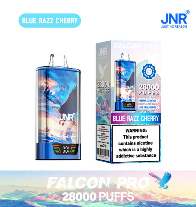 Einweg-Vape-Gerät und Verpackung „JNR Falcon Pro Blue Razz Cherry“ mit einem illustrierten Falken, mit Branding, Geschmack und einem Warnhinweis zur Nikotinsucht.