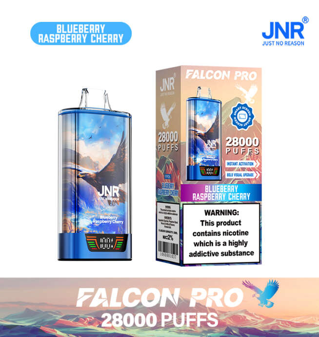 Einweg-Vape JNR Falcon Pro mit Blaubeer-Himbeer-Kirsch-Geschmack. Das Gerät ist mit einem Adlermotiv, der Verpackung und einem Warnhinweis zur Nikotinsucht versehen und weist auf eine Kapazität von 28.000 Zügen hin.
