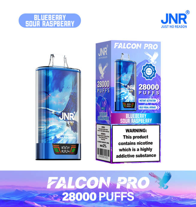 Einweg-Vape-Gerät und Verpackung „JNR Falcon Pro 28000 Puffs“ im Geschmack „Blueberry Sour Raspberry“ mit blauem Design, einem Adler und einem auffälligen Warnhinweis zur Nikotinsucht.