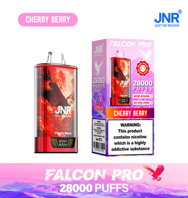 Einweg-Vape-Gerät und Verpackung „JNR Falcon Pro Cherry Berry“ mit rotem Design und der Grafik eines fliegenden Falken, einem Etikett für 28.000 Züge und einer Warnung vor Nikotinsucht.