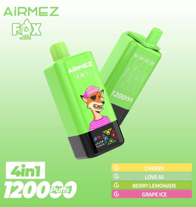 The Airmez Fox 120K Puffs offers 120,000 puffs, 4 adjustable flavors, 15ml × 4 tanks e-liquid, an 850mAh rechargeable battery, 1.0Ω mesh coil, LED display, and USB Type-C charging for a powerful, versatile vaping experience.