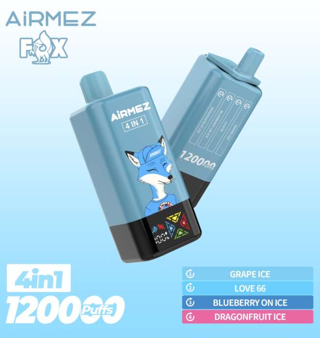 The Airmez Fox 120K Puffs offers 120,000 puffs, 4 adjustable flavors, 15ml × 4 tanks e-liquid, an 850mAh rechargeable battery, 1.0Ω mesh coil, LED display, and USB Type-C charging for a powerful, versatile vaping experience.
