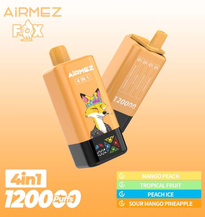 The Airmez Fox 120K Puffs offers 120,000 puffs, 4 adjustable flavors, 15ml × 4 tanks e-liquid, an 850mAh rechargeable battery, 1.0Ω mesh coil, LED display, and USB Type-C charging for a powerful, versatile vaping experience.