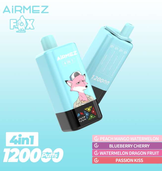 The Airmez Fox 120K Puffs offers 120,000 puffs, 4 adjustable flavors, 15ml × 4 tanks e-liquid, an 850mAh rechargeable battery, 1.0Ω mesh coil, LED display, and USB Type-C charging for a powerful, versatile vaping experience.
