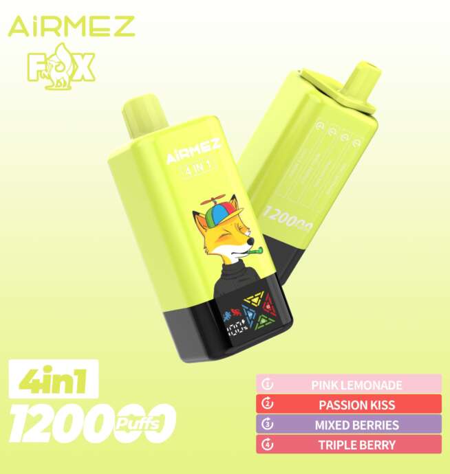 The Airmez Fox 120K Puffs offers 120,000 puffs, 4 adjustable flavors, 15ml × 4 tanks e-liquid, an 850mAh rechargeable battery, 1.0Ω mesh coil, LED display, and USB Type-C charging for a powerful, versatile vaping experience.