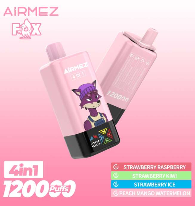 The Airmez Fox 120K Puffs offers 120,000 puffs, 4 adjustable flavors, 15ml × 4 tanks e-liquid, an 850mAh rechargeable battery, 1.0Ω mesh coil, LED display, and USB Type-C charging for a powerful, versatile vaping experience.