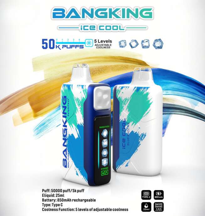 Two white-and-blue Bangking Ice Cool vape devices with clear mouthpieces and a small front digital display, set against sweeping blue and gold brushstroke artwork with text highlighting 50K puffs, five adjustable coolness levels, and product specs.
