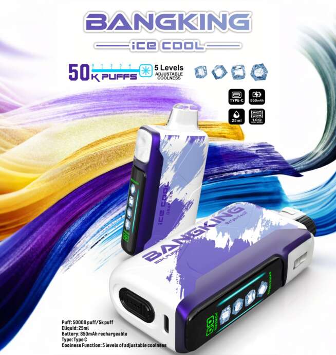 White and purple Bangking “Ice Cool” vaping devices with a small digital display shown against a colorful brushstroke background, advertising 50,000 puffs, 5 adjustable coolness levels, 25 ml e-liquid, 850 mAh battery and Type-C charging.