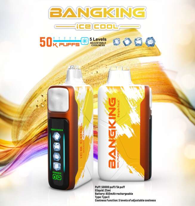 Two white-and-orange Bangking “Ice Cool” vape devices, one showing a vertical LED screen with five ice icons and power indicators and branding that reads 50K puffs, set against a swirling gold-and-white background.
