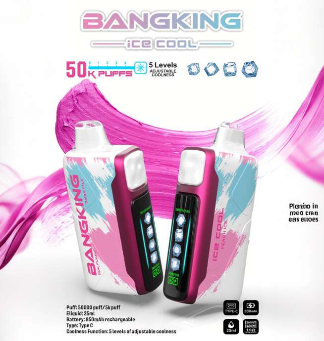 Two pink, white, and teal Bangking 'Ice Cool' vaping devices with front digital screens showing ice-cube icons, set against a white background with magenta brushstroke graphics and promotional text reading '50K puffs' and '5 levels adjustable coolness' with small product-spec icons.