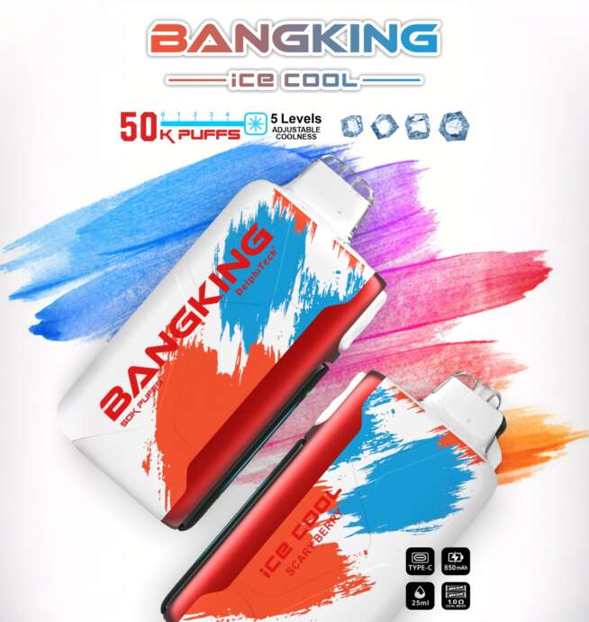 Two red-and-white Bangking 'Ice Cool' disposable vape devices with bold blue and orange brushstroke graphics shown at angles over matching watercolor swashes, accompanied by text stating '50K puffs' and '5 levels adjustable coolness' plus icons for Type-C charging, 850 mAh battery and 25 ml capacity.