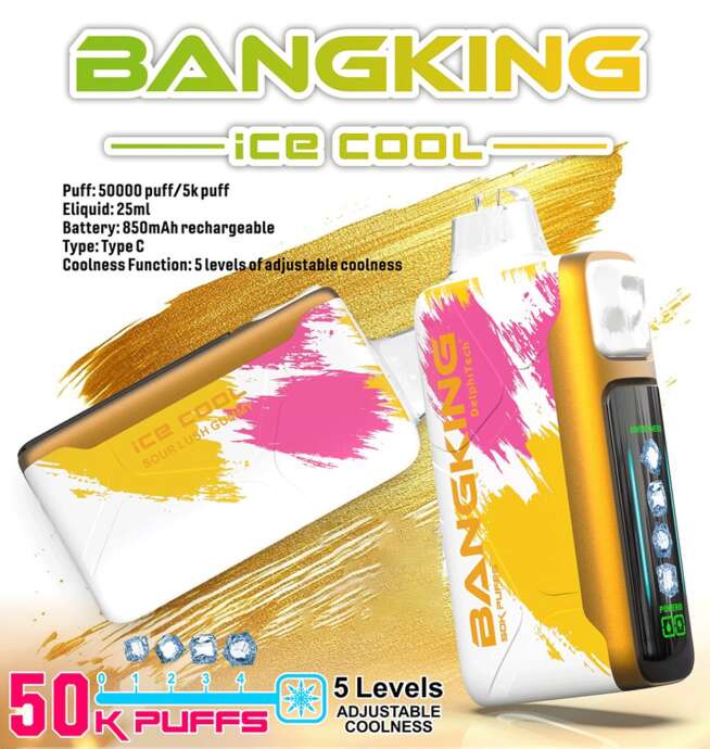 Promotional image of a white, yellow and pink BANGKING “Ice Cool” vape device with brushstroke graphics, digital display and ice icons, alongside text listing specs (50k puffs, 25ml e-liquid, 850mAh rechargeable battery, Type‑C and 5 adjustable coolness levels).